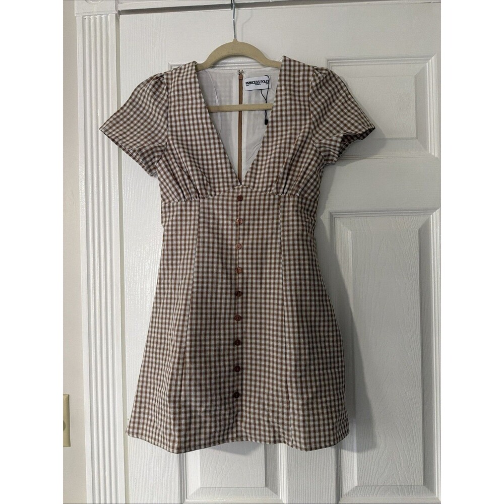 Princess Polly Brown & Cream Gingham Button-Front Mini Romper